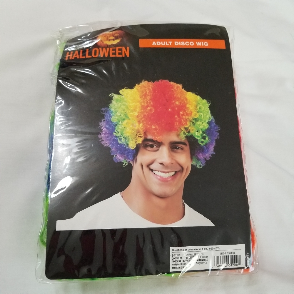 🌈NWT Happy Halloween Pride Adult  Rainbow Curly Permed Disco Clown Wig Adult 🌈